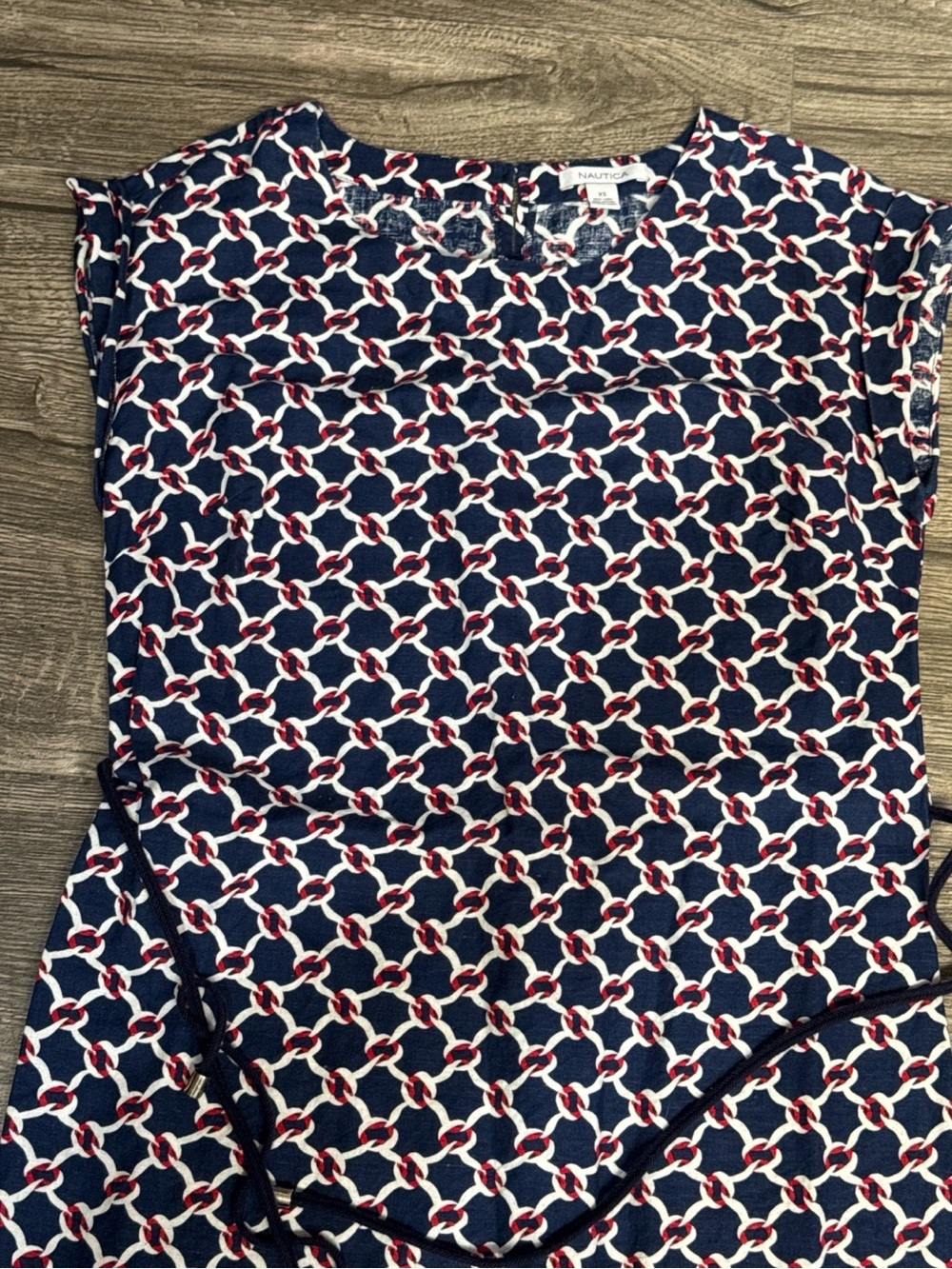 Nautica Linen Cotton Nautical Chain Print Tunic Dress XS Navy Red Belted Resort - Picture 3 of 8